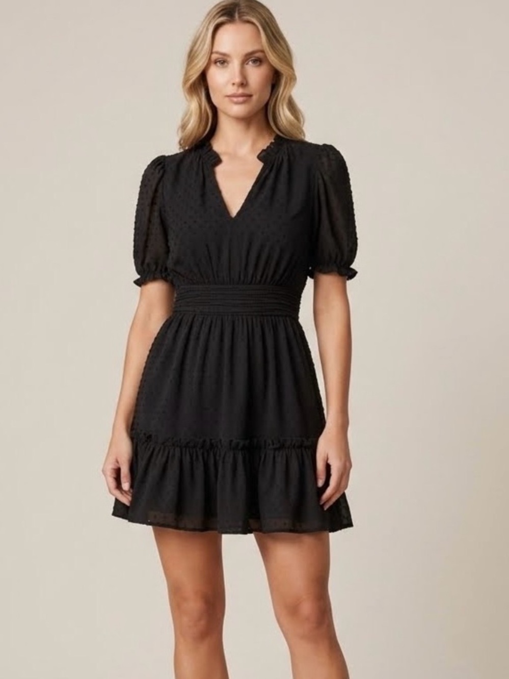 Zara Swiss Dot, Neck Ruffled, Sheer Sleeve, Mini Short Dress, Black, Size M